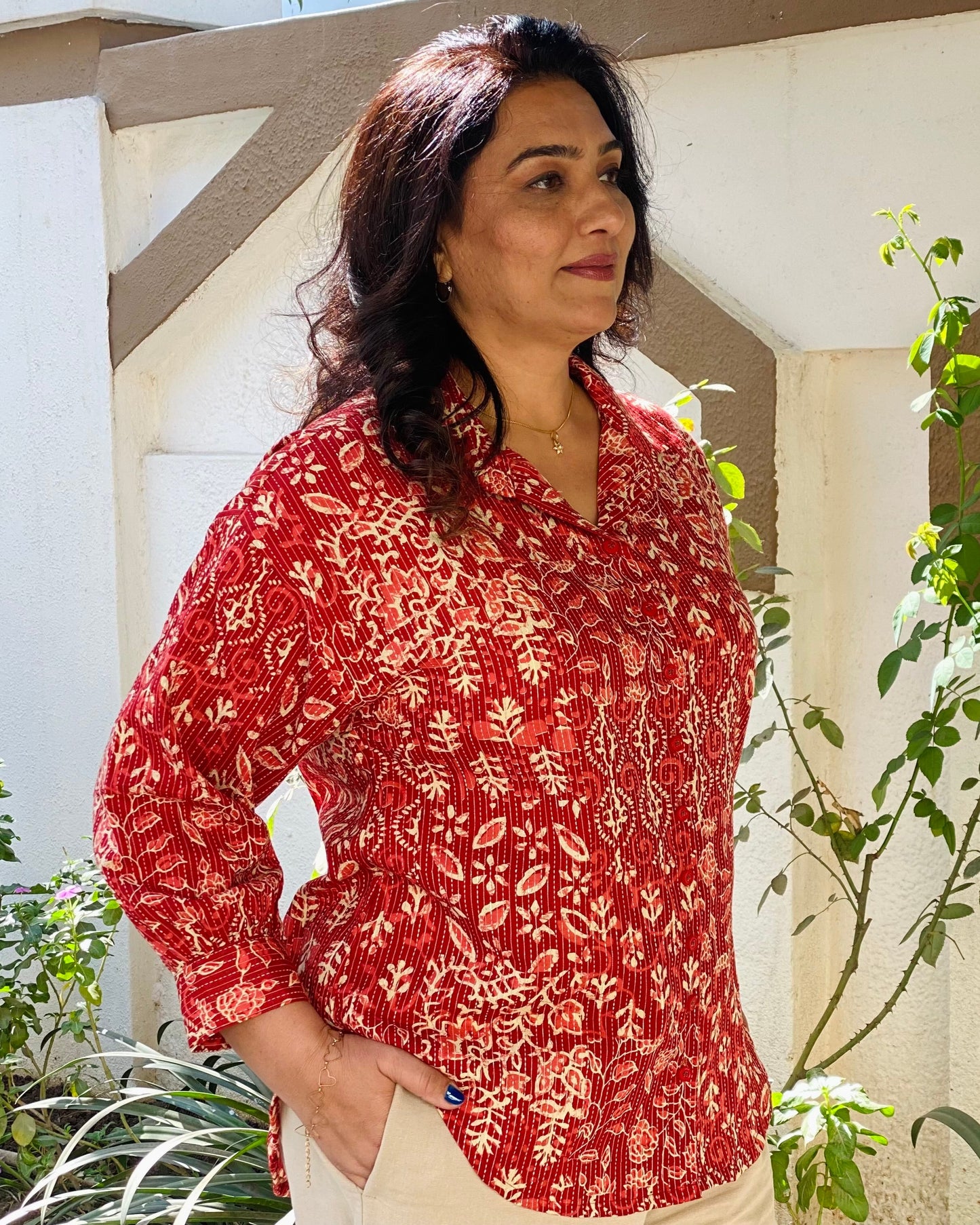 Kantha Work block printed shirt
