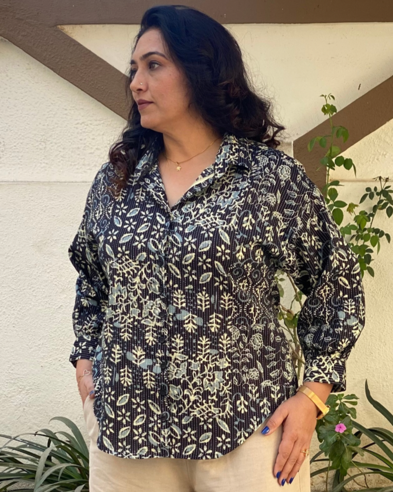 Kantha Work block printed shirt