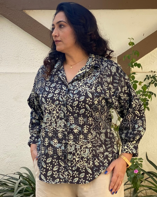 Kantha Work block printed shirt